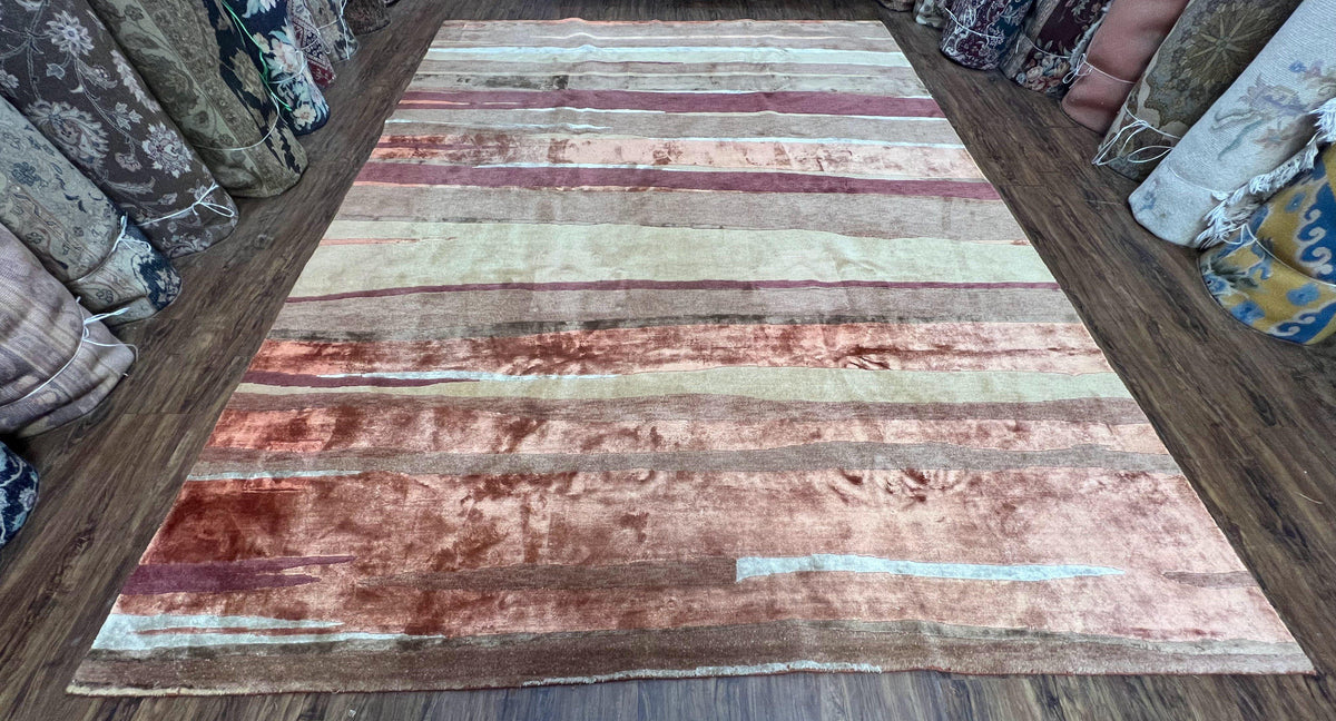Modern Tibetan Rug 8x11 Nepali Carpet, Shiny Velvely Soft Wool and Silk, Contemporary Hand Knotted Rug, Striped Design, Wool Area Rug 8 x 11 - Jewel Rugs, view 4