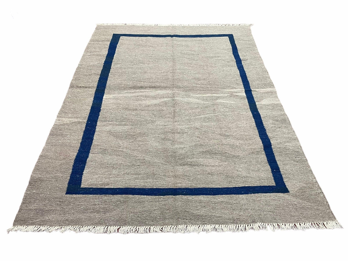 Geometric Turkish Kilim Rug 5' 7" x 7' 9", Flatweave Carpet, Minimal Design, Anatolian Carpet, Gray, Geometric, Dark Blue, Hand-Knotted, New - Jewel Rugs, view 13