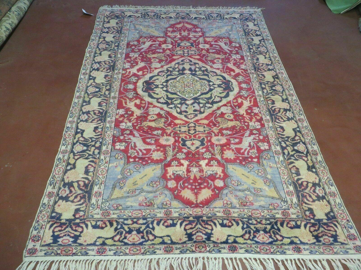 Antique Silk Turkish Kayseri Rug 4.5 x 6.7, Animal Pictorials Lions Deer Floral Medallion, Red Light Blue Navy, Hand Knotted Oriental Carpet - Jewel Rugs, view 2