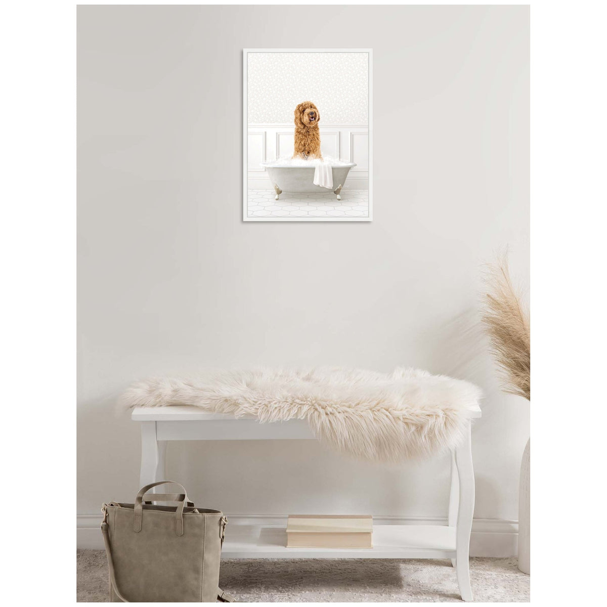 Sylvie Golden Doodle in White Bathtub Framed Canvas by Amy Peterson