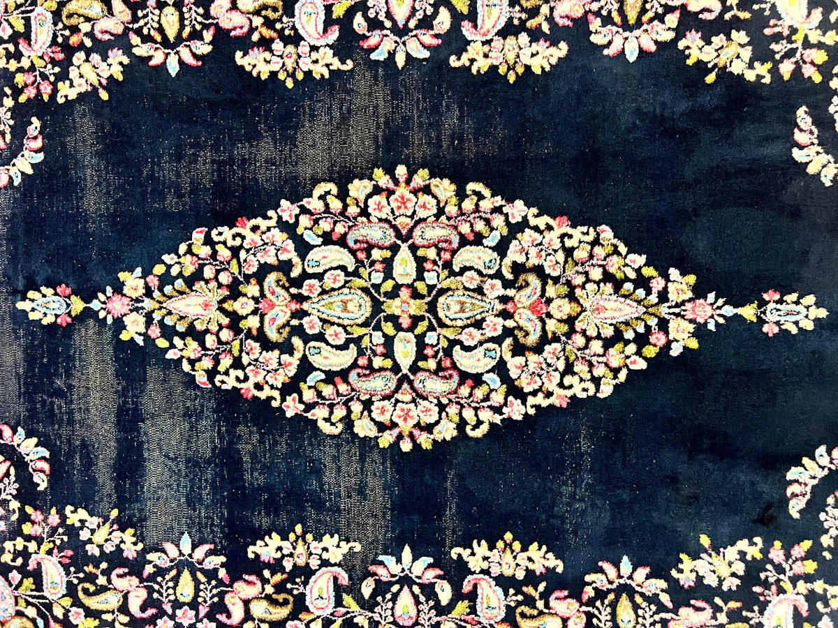 Antique Persian Kirman Rug 5x8, Floral Kirman, Midnight Blue/Black, Semi Open Field, Handmade Vintage Wool Carpet - Jewel Rugs, view 5