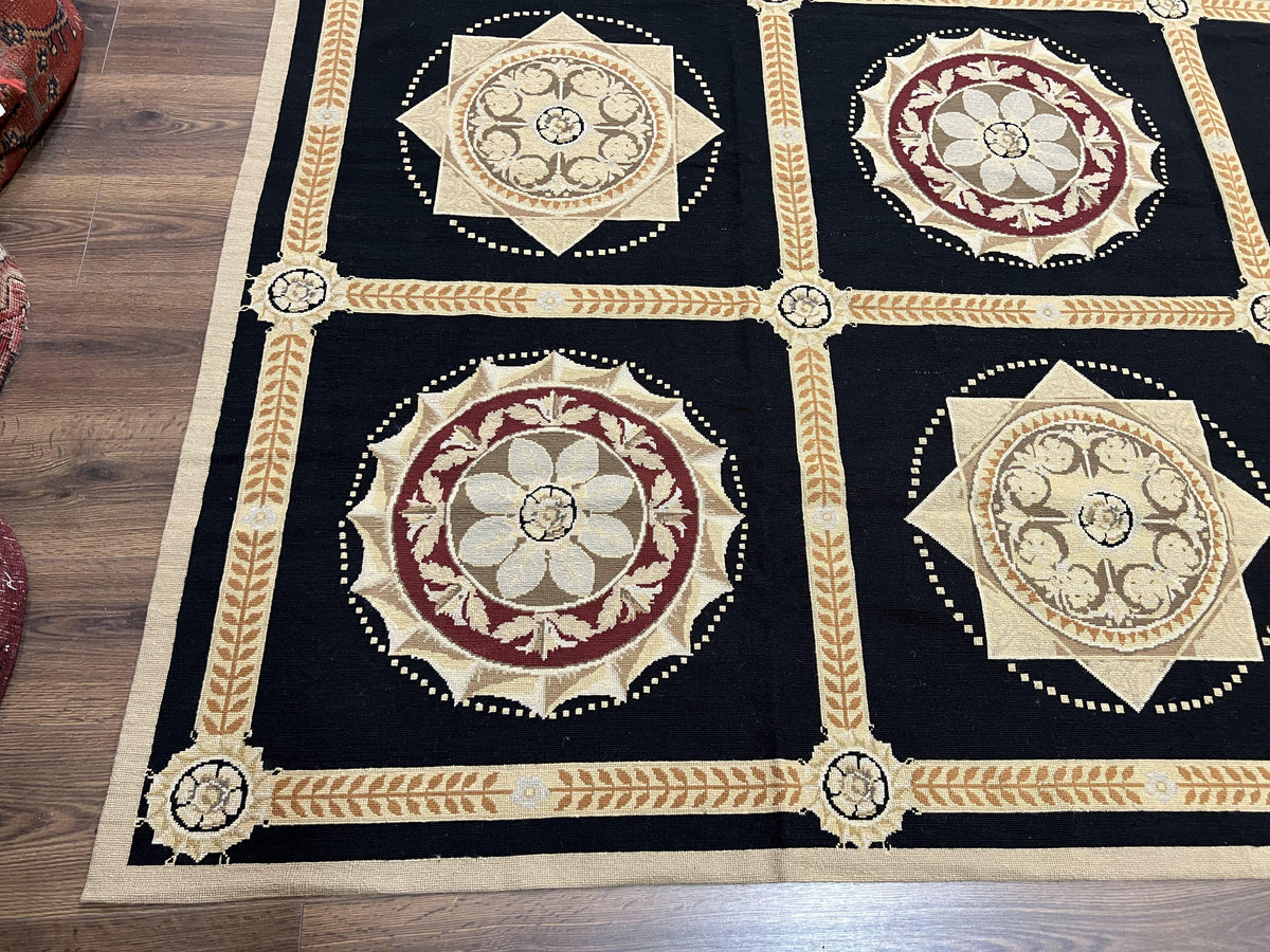 Large Needlepoint Rug 10x13, Panel Design, Black and Beige, Wool Needlepoint Carpet 10 x 13, English Garden, Handwoven Area Rug, Living Room - Jewel Rugs, view 9