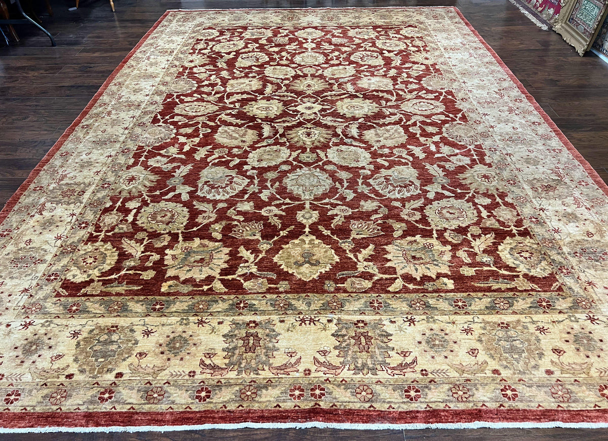 Pak Persian Rug 10x14, Sultanabad Mahal Peshawar Chobi Carpet, Large Vintage Wool Oriental Rug, Maroon & Beige, Floral Allover, Handmade - Jewel Rugs, view 2