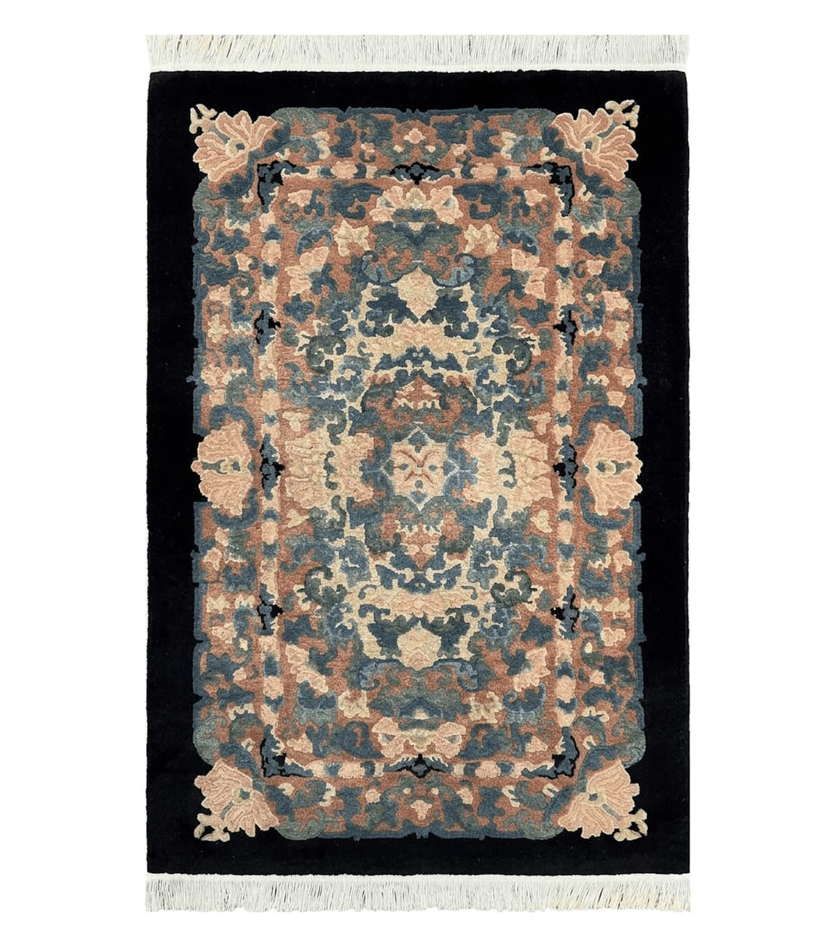 Chinese Art Deco Rug 3x5, Black and Beige Chinese Carpet 3 x 5, Vintage Rug, 1950s Rug, Floral Rug, Handmade Rug, Art Deco Rug, Wool Rug - Jewel Rugs