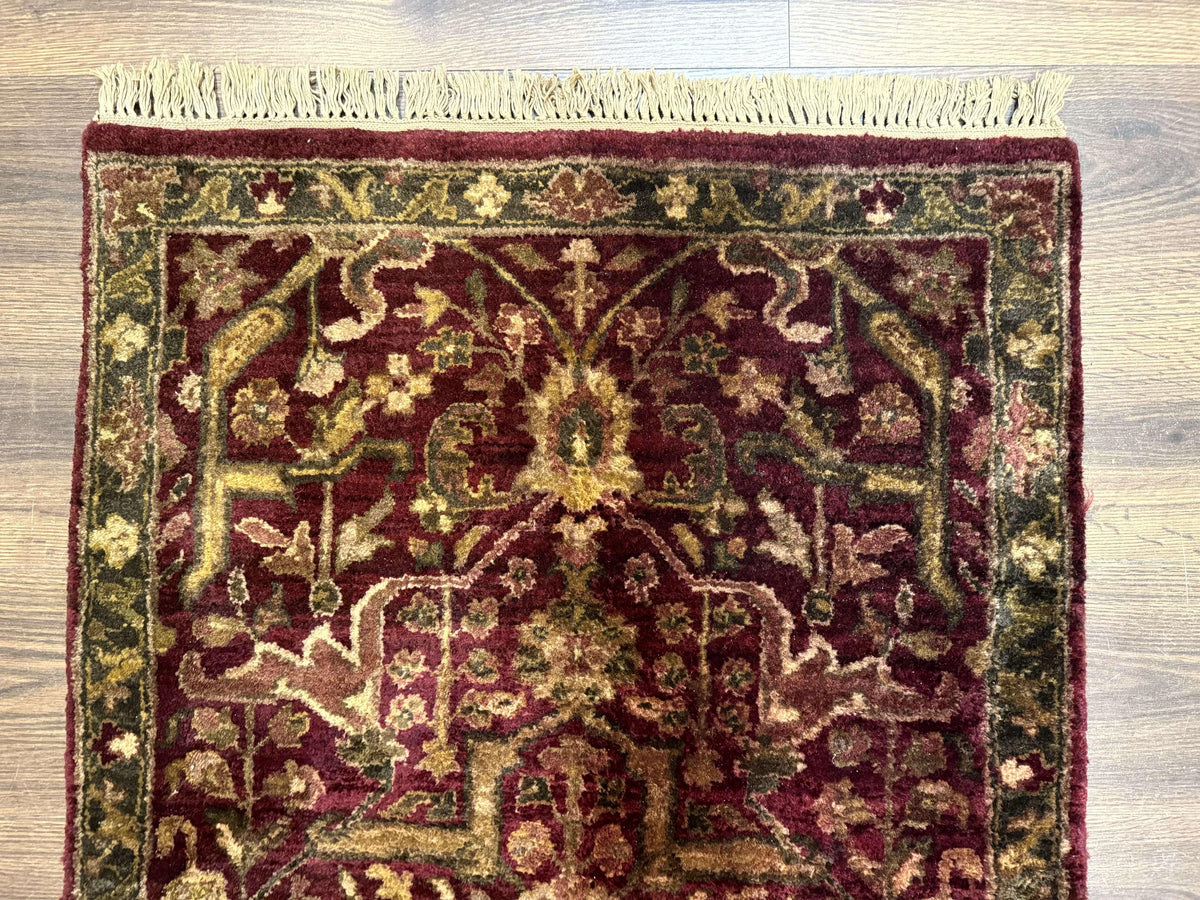 Indo Persian Runner Rug 2.7 x 13.8, Maroon, Wool, Handmade Indian Rug for Hallway - Jewel Rugs, view 3