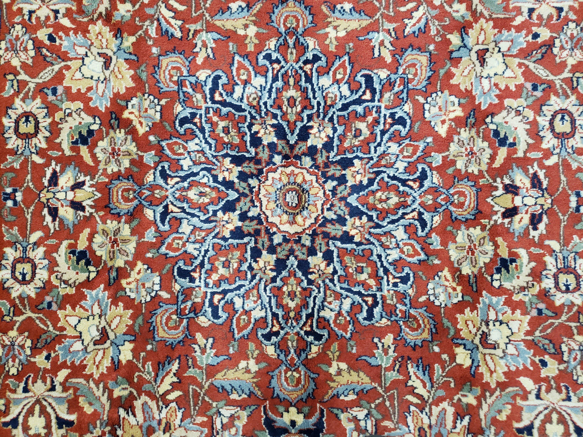 Vintage Indo Persian Oriental Rug 6 x 9.6, Wool Hand-Knotted Red Dark Blue & Gold Indian Carpet, 6 x 9 Office Room Rug, Floral Medallion - Jewel Rugs, view 4