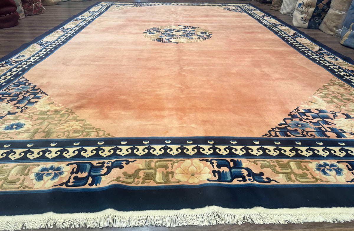 Chinese Wool Rug 11x18, Palace Sized Chinese Carpet, Peking Rug, Peach and Blue, Open Field, Simple Design, Art Deco Rug, Large Handmade Rug - Jewel Rugs, view 2