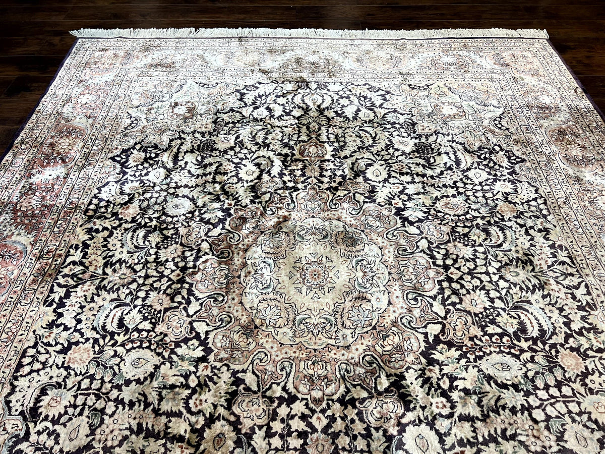 Silk Indian Kashmiri Rug 8x10, Floral Medallion, Indo Persian Carpet, Handmade Vintage Silk Rug - Jewel Rugs, view 18