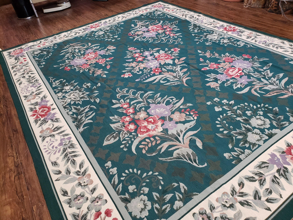Chinese Needlepoint Rug 8x10, Vintage Green Area Rug, Hand-Woven Flatweave Floral European Design Carpet Wool Handmade 8x 10 Living Room Rug - Jewel Rugs, view 13