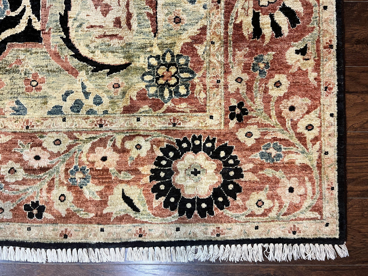 Pak Persian Rug 8x10, Pakistani Mahal Sultanabad Carpet, Signature from Master Weaver, Shiny Wool, Black Red Vintage Handmade Medallion Rug - Jewel Rugs, view 13
