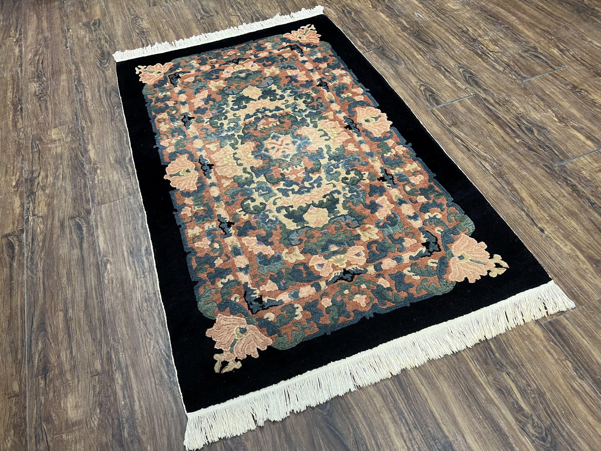 Chinese Art Deco Rug 3x5, Black and Beige Chinese Carpet 3 x 5, Vintage Rug, 1950s Rug, Floral Rug, Handmade Rug, Art Deco Rug, Wool Rug - Jewel Rugs, view 12