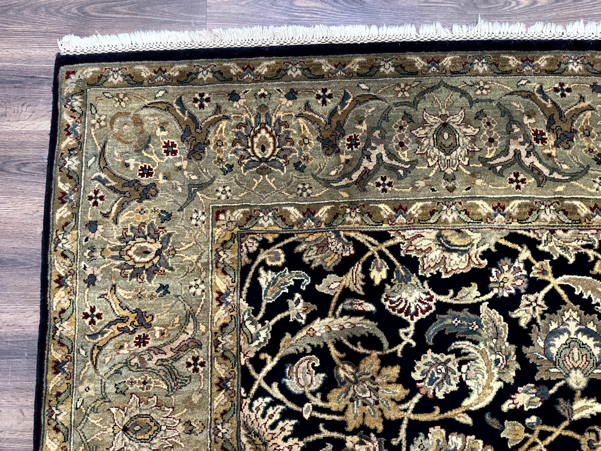 Indo Persian Rug 8x10, Black and Green, Wool, Handmade, Traditional, Floral Allover, Vintage - Jewel Rugs, view 7