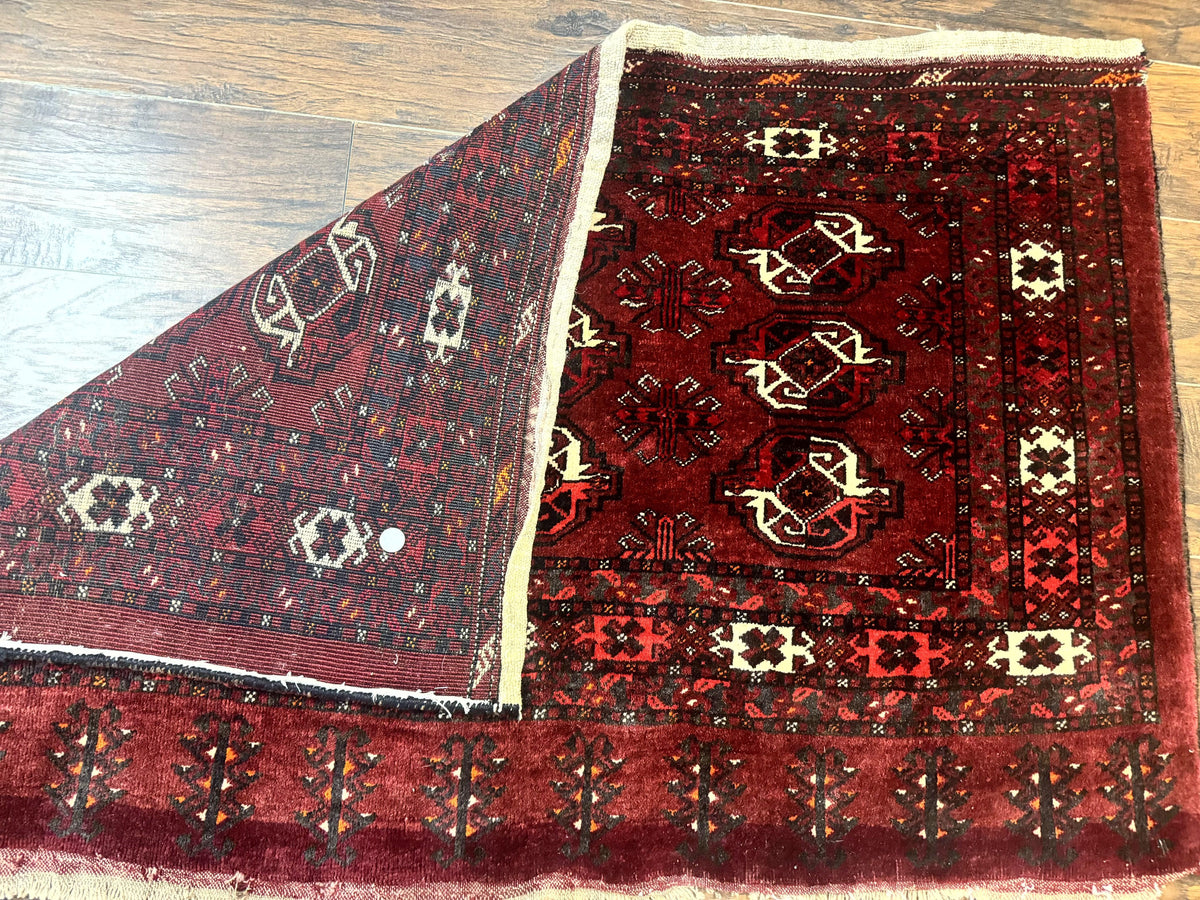 Antique Afghan Turkoman Mafrash Rug 3x5, Red, Hand Knotted, Wool, Tribal Collectible - Jewel Rugs, view 10