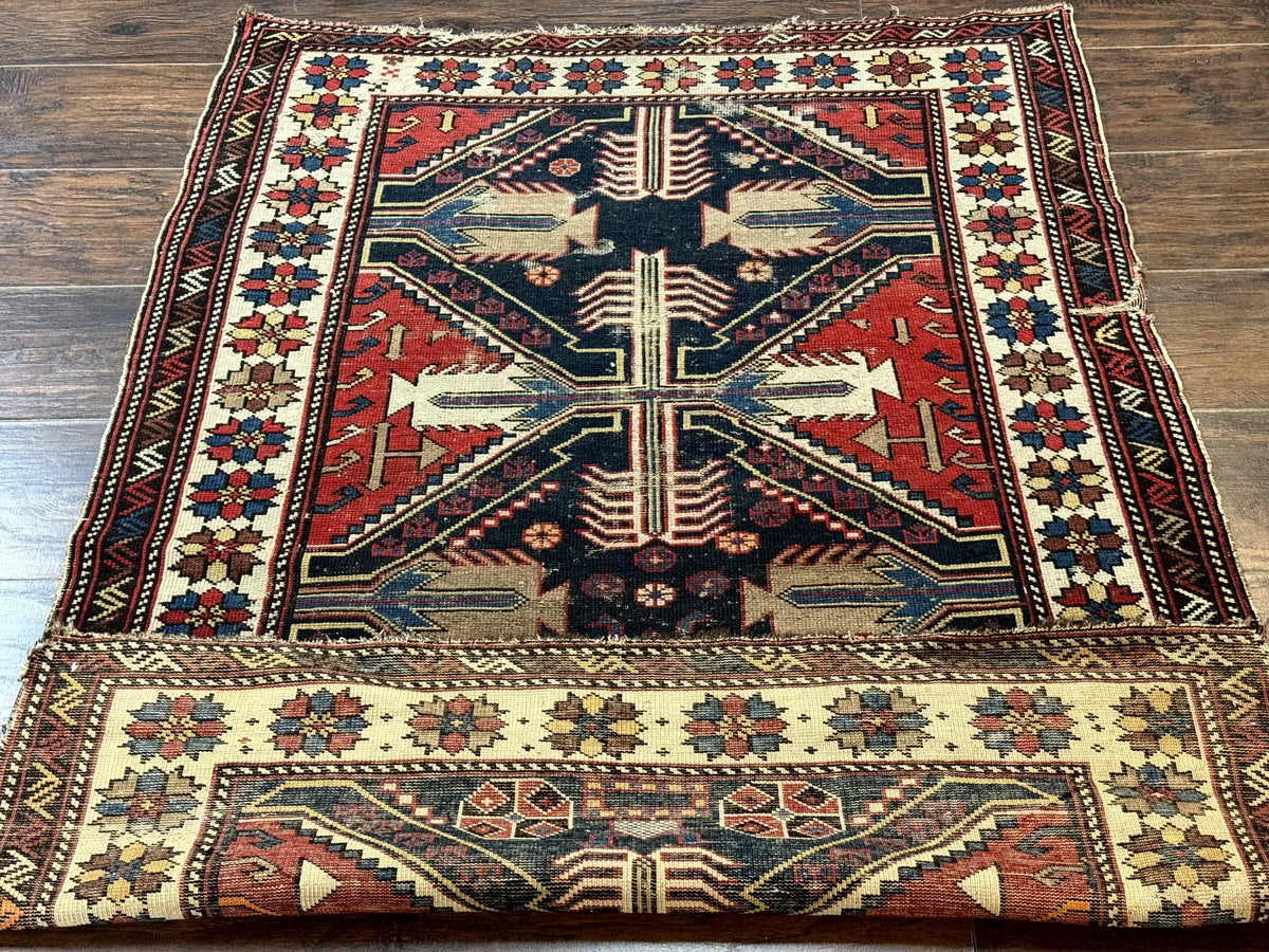 Antique Shirvan Caucasian Rug 3x5, Geometric Pattern, Red Navy Blue Beige - Jewel Rugs, view 12