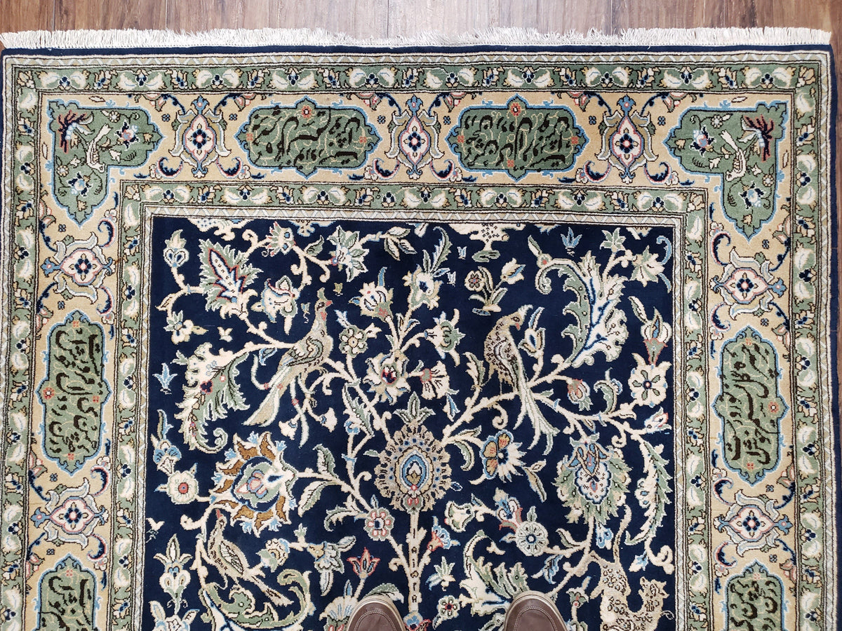 Semi Antique Persian Qum Tree of Life Rug, Hand-Knotted, Wool, Midnight Blue and Tan, Animal Pictorials, Written Poem in Borders, 4' 8" x 7' 8" - Jewel Rugs, view 3