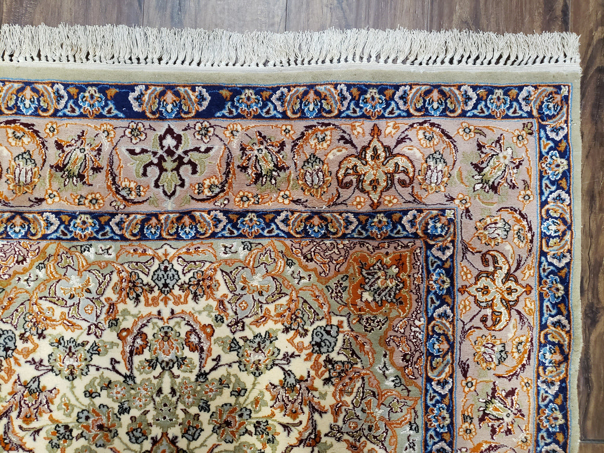 Vintage Persian Isfahan Lachak Toranj Rug, Highly Detailed, Kork Wool on Silk Foundation, Beige and Dark Blue, Hand-Knotted, 3'6" x 5' 4" - Jewel Rugs, view 8