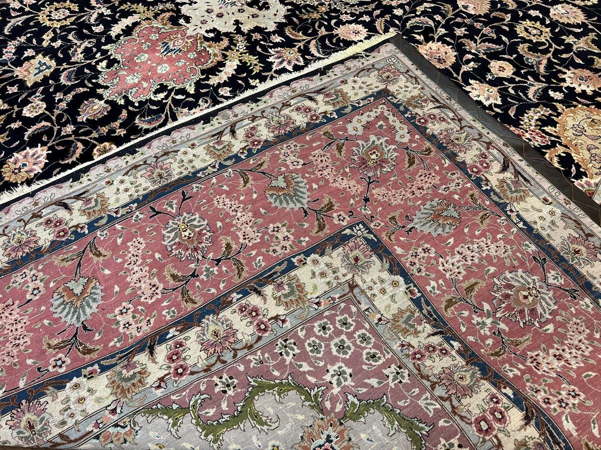 Magnificent Persian Tabriz Rug 11x16, Oversized Persian Carpet 11 x 16 ft, Wool on Silk Finely Hand Knotted, 450 KPSI, Floral Medallion, Black Pink - Jewel Rugs, view 11