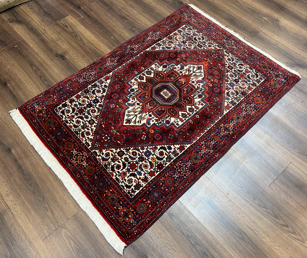 Fine Persian Bidjar Rug 3x5, Geometric Medallion Oriental Bijar Carpet 3 x 5 ft, Ruby Red and Cream, Hand Knotted Wool Rug, Semi Antique Tribal Rug, Nice - Jewel Rugs, view 3
