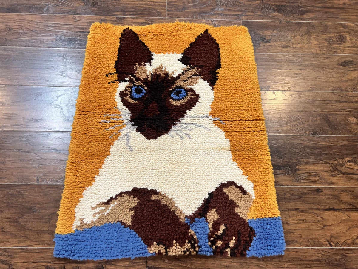 Small Shag Rug with Siamese Cat Pictorial, 2x3 ft Rug, Wool, Vintage, Danish Rya Shag Rug, Orange - Jewel Rugs, view 2