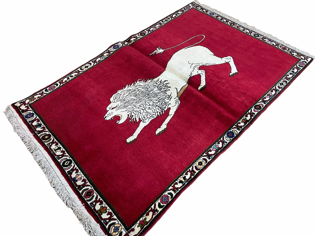 4 X 6 Handmade Hand-Knotted Quality Wool Rug Zagros Lion Red Ivory Tribal Rug - Jewel Rugs, view 2