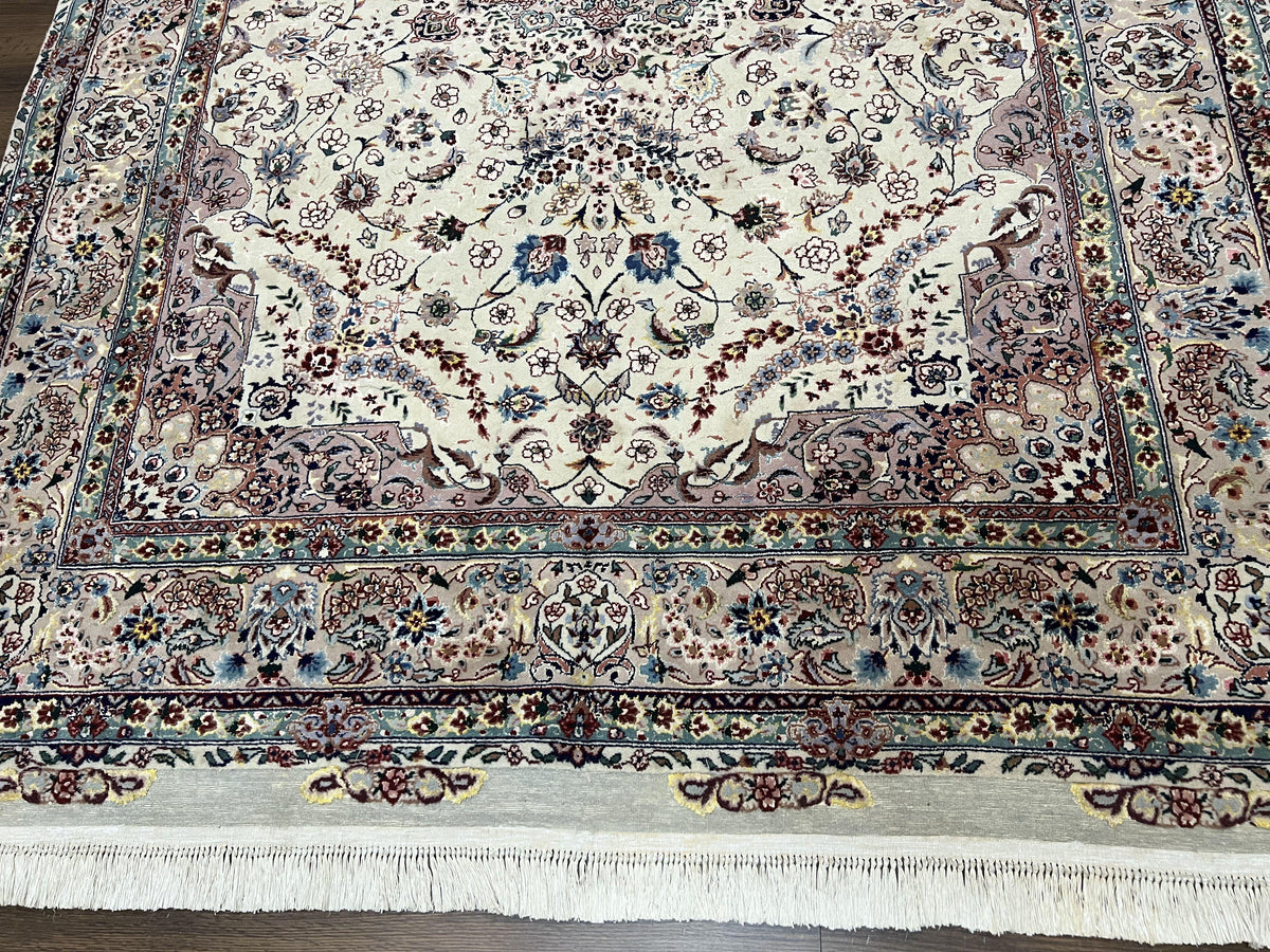 Beautiful Pak Persian Rug 6x9, Floral Medallion, Wool and Silk, Highly Detailed Elegant Carpet, Vintage Oriental Rug 6 x 9, Cream and Gray - Jewel Rugs, view 5