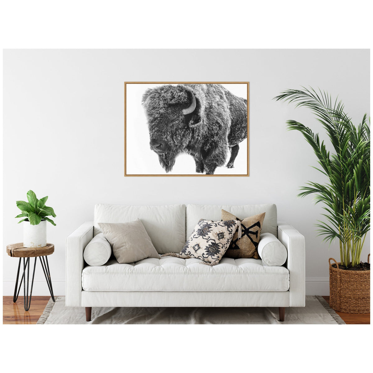 Bison in Snow Black and White by Amy Peterson Framed Canvas Wall Art Print