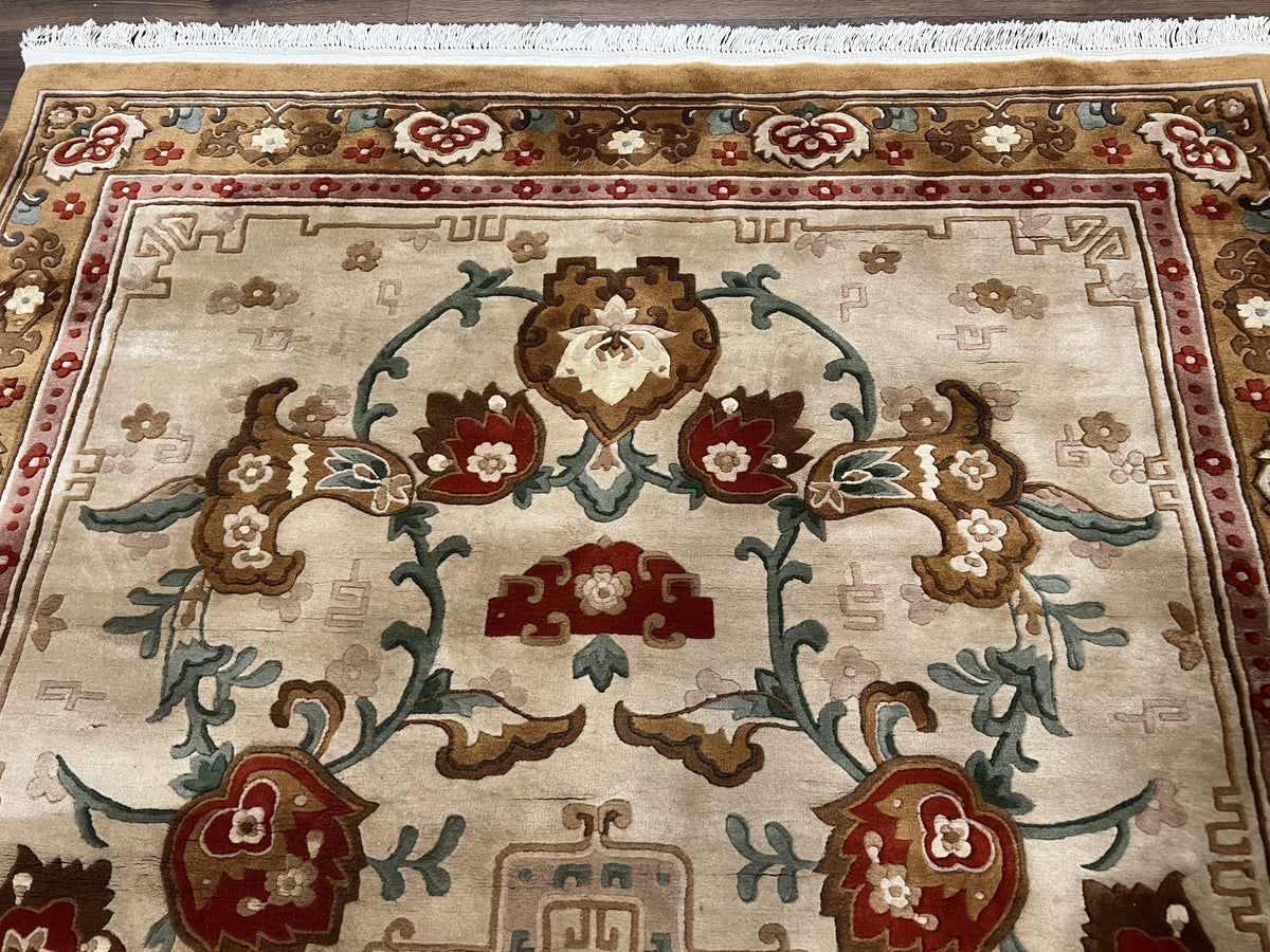 Chinese Wool Rug 5.9 x 9, Tan and Brown Asian Art Deco Carpet, Vintage 1960s Oriental Rug, Hand-Knotted Rug, Soft Wool, Medallion, Pair B - Jewel Rugs, view 12