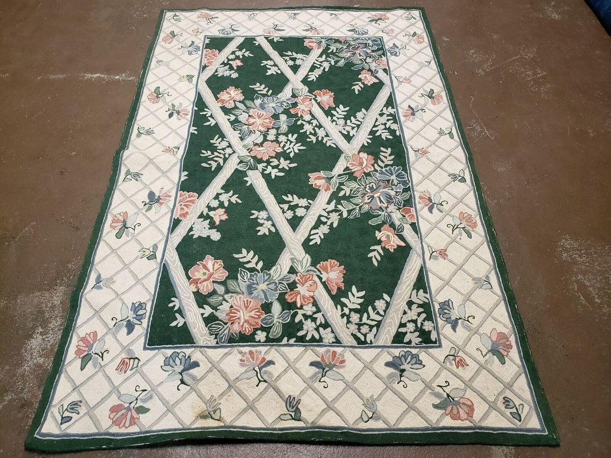 3' 6" X 5' 6" Hand Stitched Indian Wool Rug with Backing Green Beige - Jewel Rugs, view 2