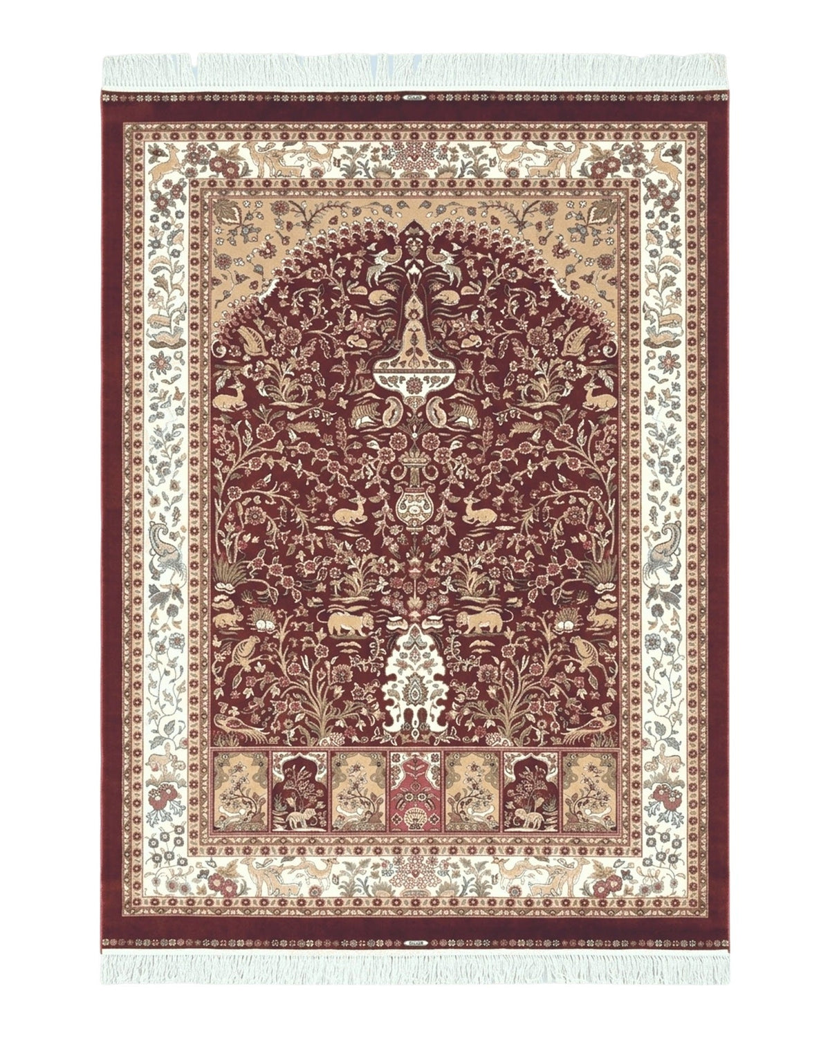 Silk Carpet 4x6 Dark Red & Cream, Tree of Life Rug, Animal Motifs, Birds Deer Rabbits, All Bamboo Silk, 4 x 6 Silk Area Rug - Jewel Rugs