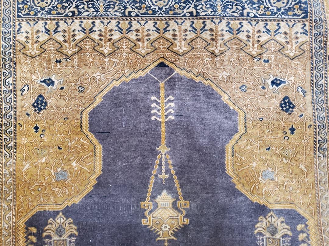 Rare Turkish Ghiordes Prayer Rug 4 x 5.8 ft, Late 19th Century Turkish Oriental Carpet, Mehrab Antique Prayer Rug, Museum Quality, Blue, Tan - Jewel Rugs, view 8
