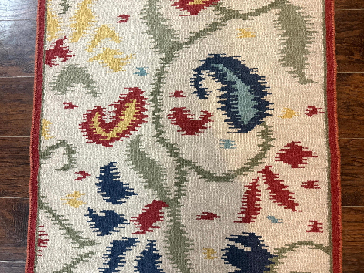 Indian Kilim Flatweave Rug 3x5, Abstract, Beige and Multicolor Flowers, Handmade - Jewel Rugs, view 6