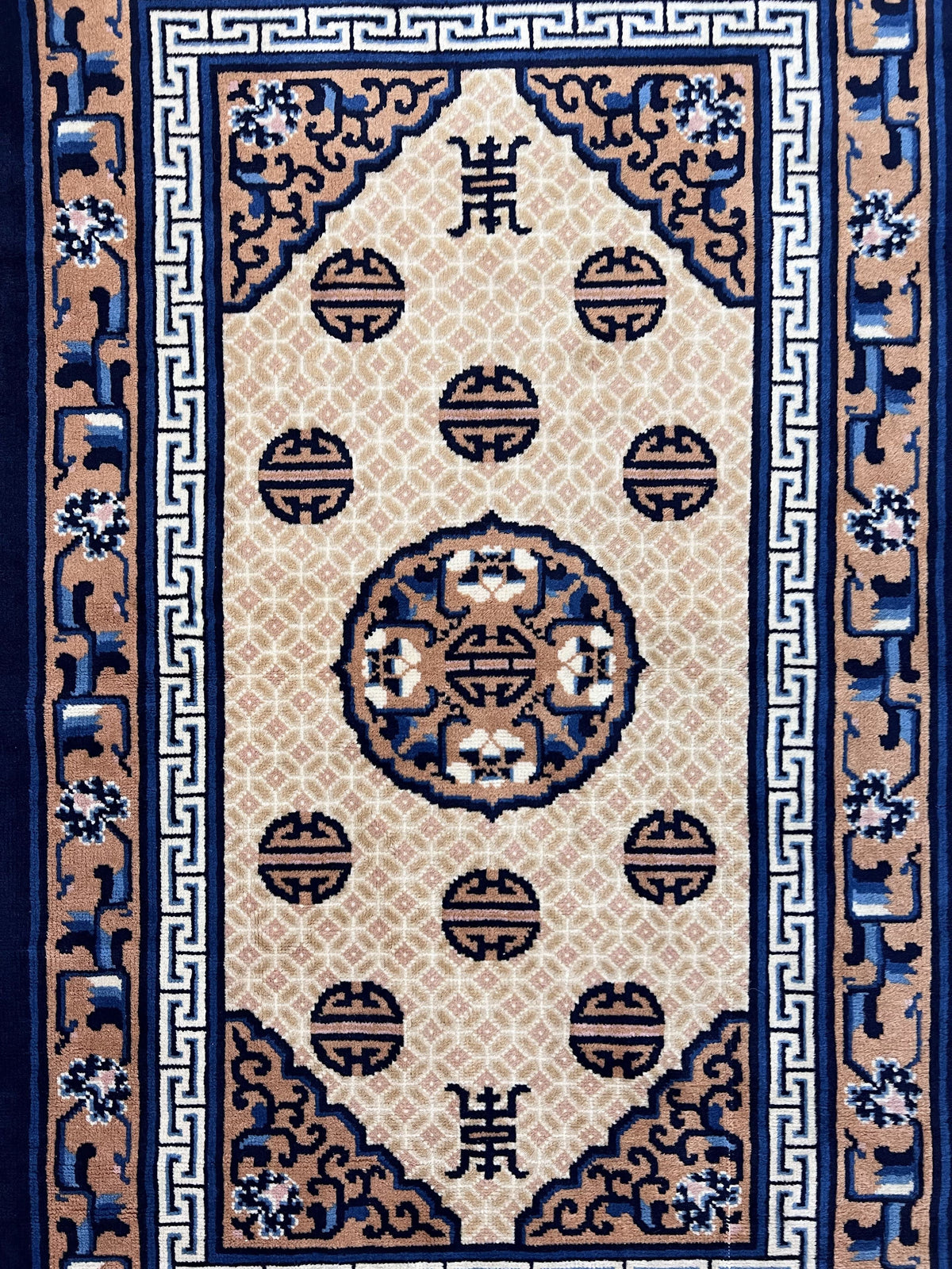 Chinese Peking Rug 3x5, Antique Chinese Art Deco Carpet, Blue Ivory Tan, Hand Knotted Wool Asian Oriental Rug 3 x 5 Vintage Small Peking Rug - Jewel Rugs, view 4