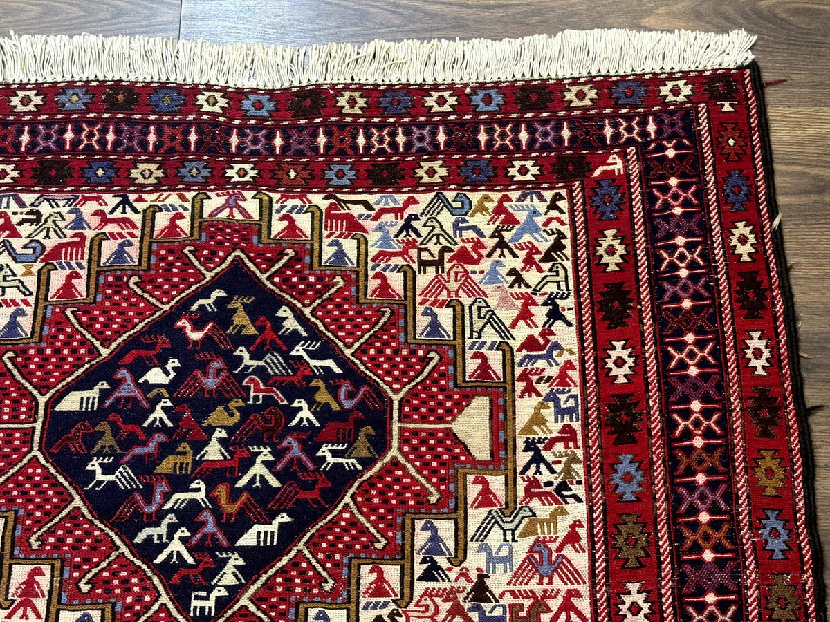 Persian Soumak Kilim Rug 4x6, Triple Medallions Tribal Pictorials, Caucasian Azerbaijani Kilim - Jewel Rugs, view 8