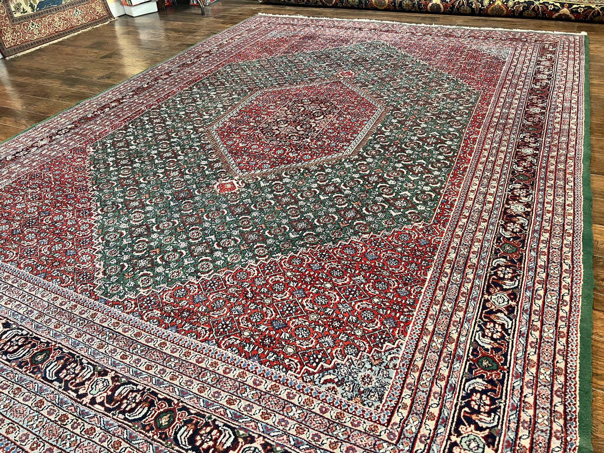 Indo Persian Rug 10x14, Bidjar Rug 10 x 14, Wool Hand Knotted Vintage Carpet, Red & Green Herati Pattern, Large Room Sized Oriental Rug - Jewel Rugs, view 2