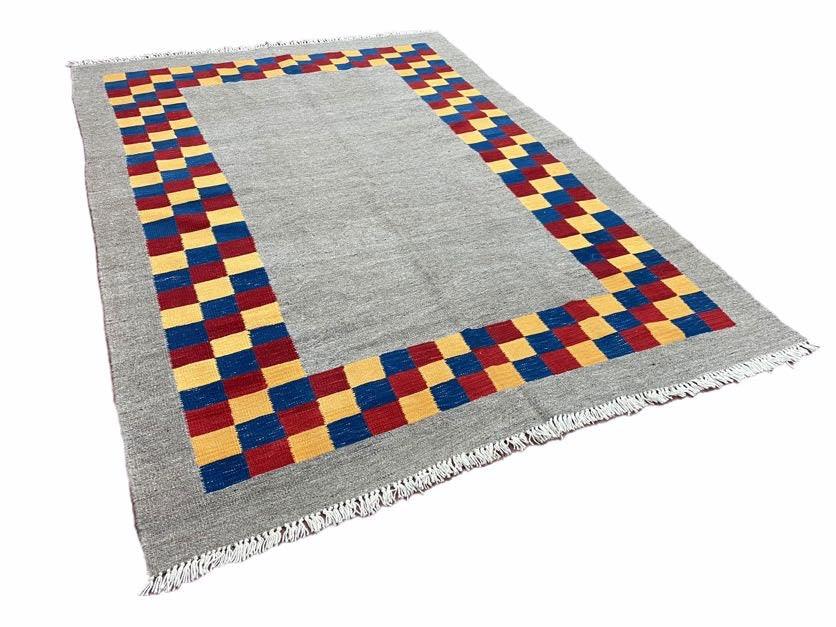 Gray Kilim Carpet, Yellow, Red, Blue Checkerboard Pattern, Flatweave, New, Geometric, Hand-Knotted, Wool, Turkish Area Rug, 5' 9" x 7' 9" - Jewel Rugs, view 3