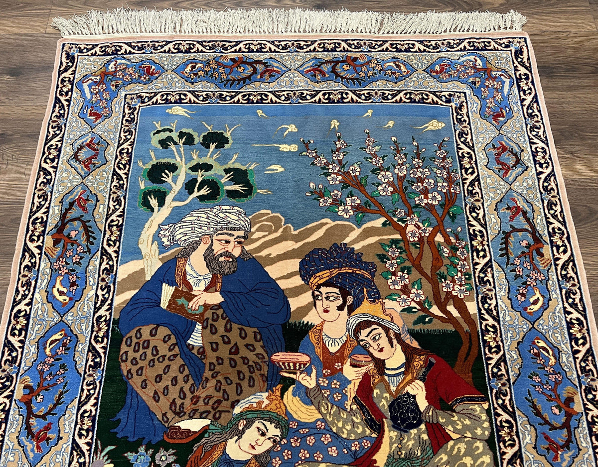 Fine Persian Isfahan Pictorial Rug 3.7 x 5, Kork Wool on Silk Foundation, Blue Persian Carpet, Hand Knotted, Humans Birds, High KPSI, Semi Antique - Jewel Rugs, view 13