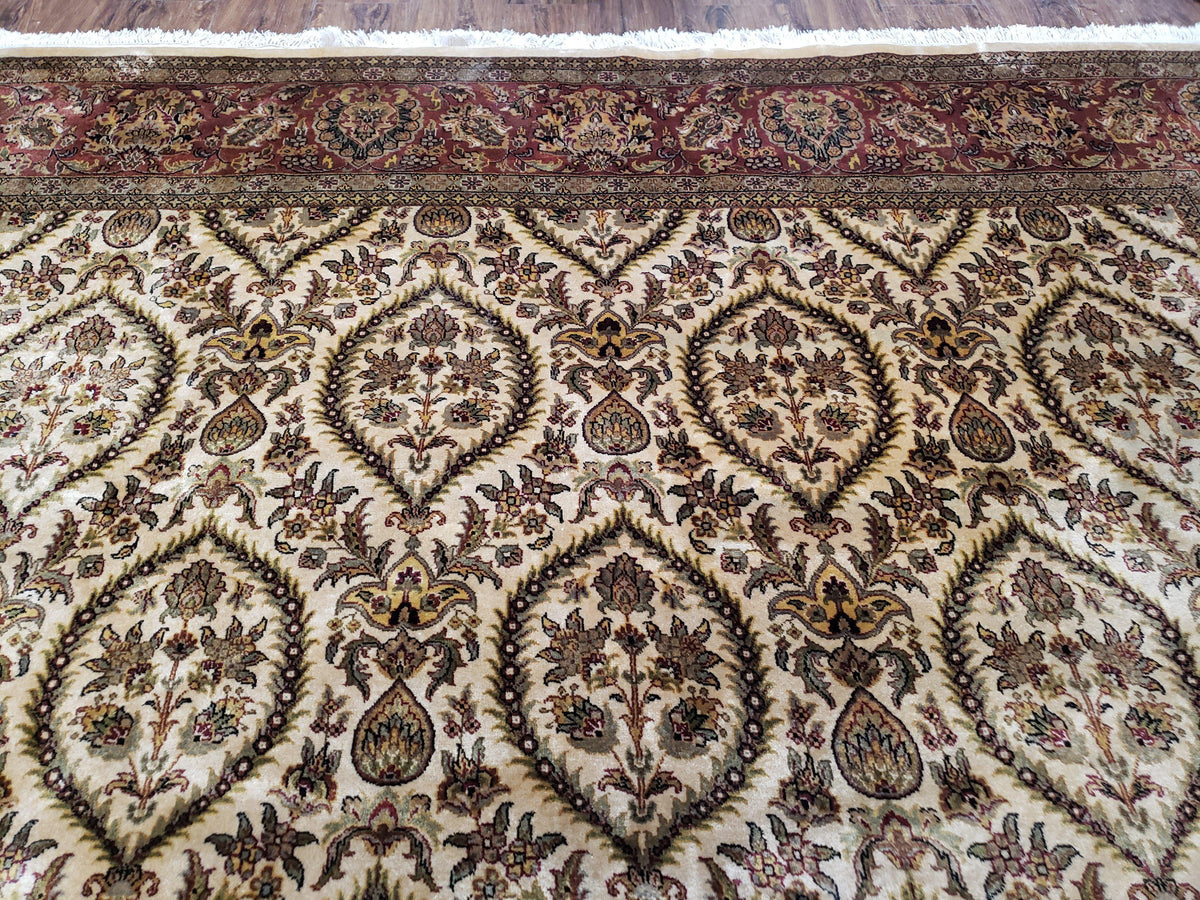 Vintage Indo Persian Area Rug 9x12, Wool Hand-Knotted Ivory & Dark Red Oriental Carpet, Fine Weave 9 x 12 Indian Rug, Dining Room Rug - Jewel Rugs, view 4
