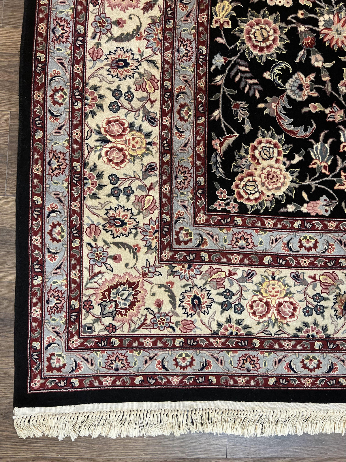 Pak Persian Rug 9x12, Floral Allover, Hand Knotted Oriental Carpet 9 x 12 ft, Black and Cream, Detailed, Wool with Silk Highlights, Vintage - Jewel Rugs, view 8