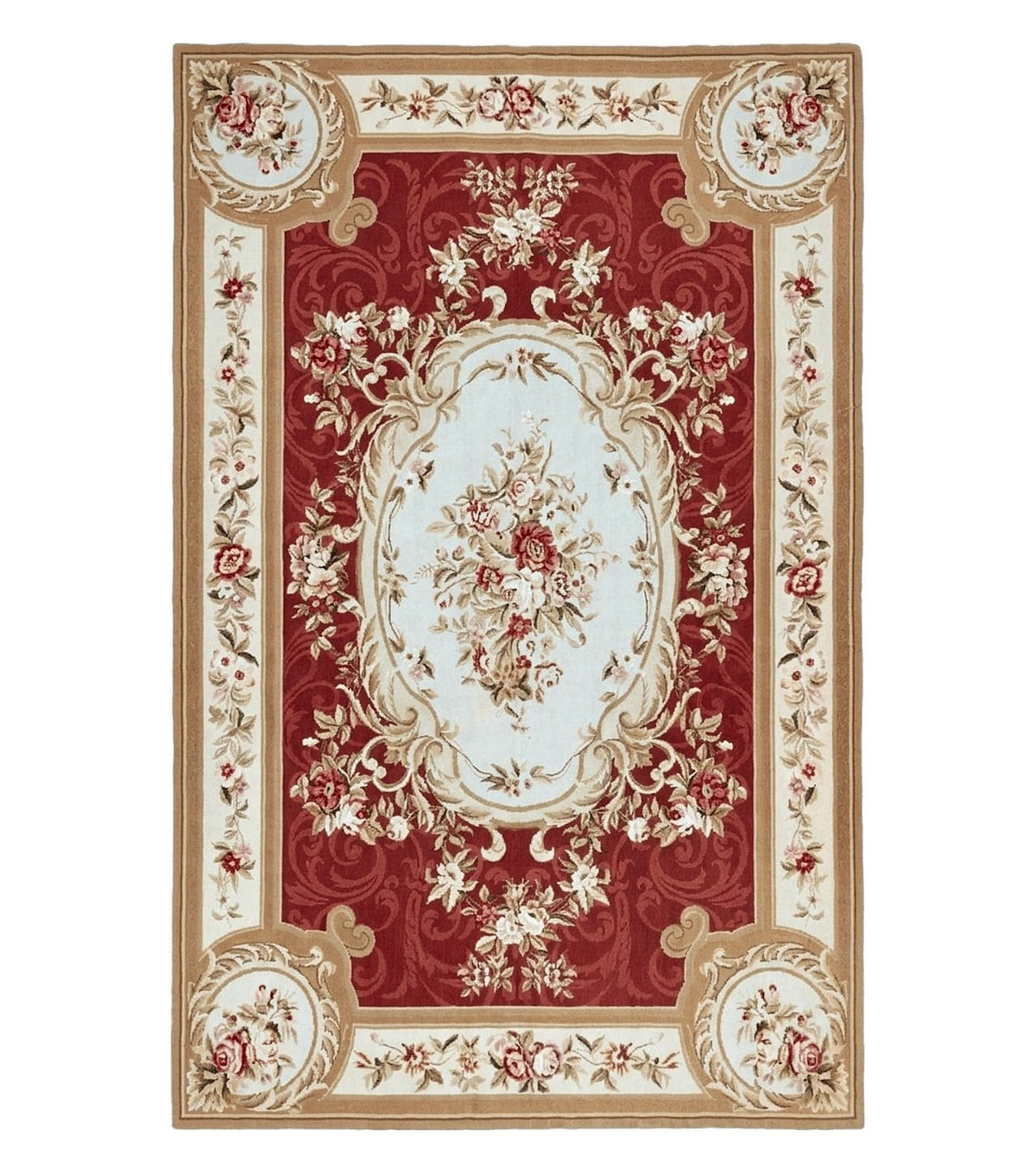 Aubusson Needlepoint Rug 5x8, Red Ivory Tan, Vintage Needlepoint Carpet 5 x 8 ft, Handmade Hand woven Wool, French European, Medium Size Rug - Jewel Rugs