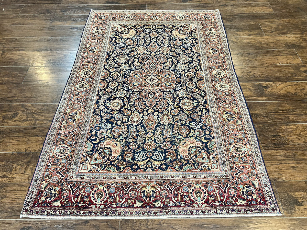 Persian Kashan Rug 4x7, Floral Medallion Vintage Handmade Hand Knotted Navy Blue & Red Wool Oriental Carpet, Highly Detailed Semi Antique Rug - Jewel Rugs, view 2