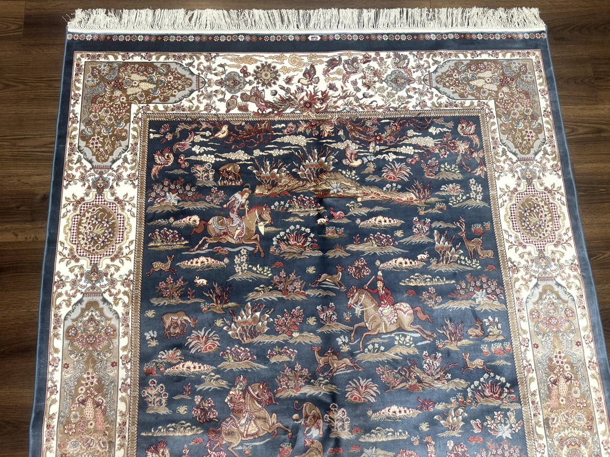 Turkish Silk Rug 5x8, Hunting Design, Animal Pictorials, Steel Blue & Ivory, Bamboo Silk - Jewel Rugs, view 3