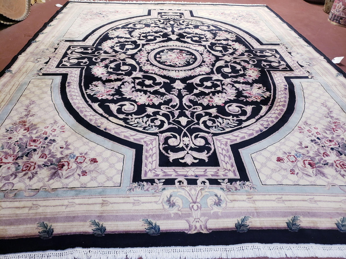 8x10 Aubusson Rug, Fine Hand Knotted Wool Carpet, French European Design, Black & Ivory - Jewel Rugs, view 2