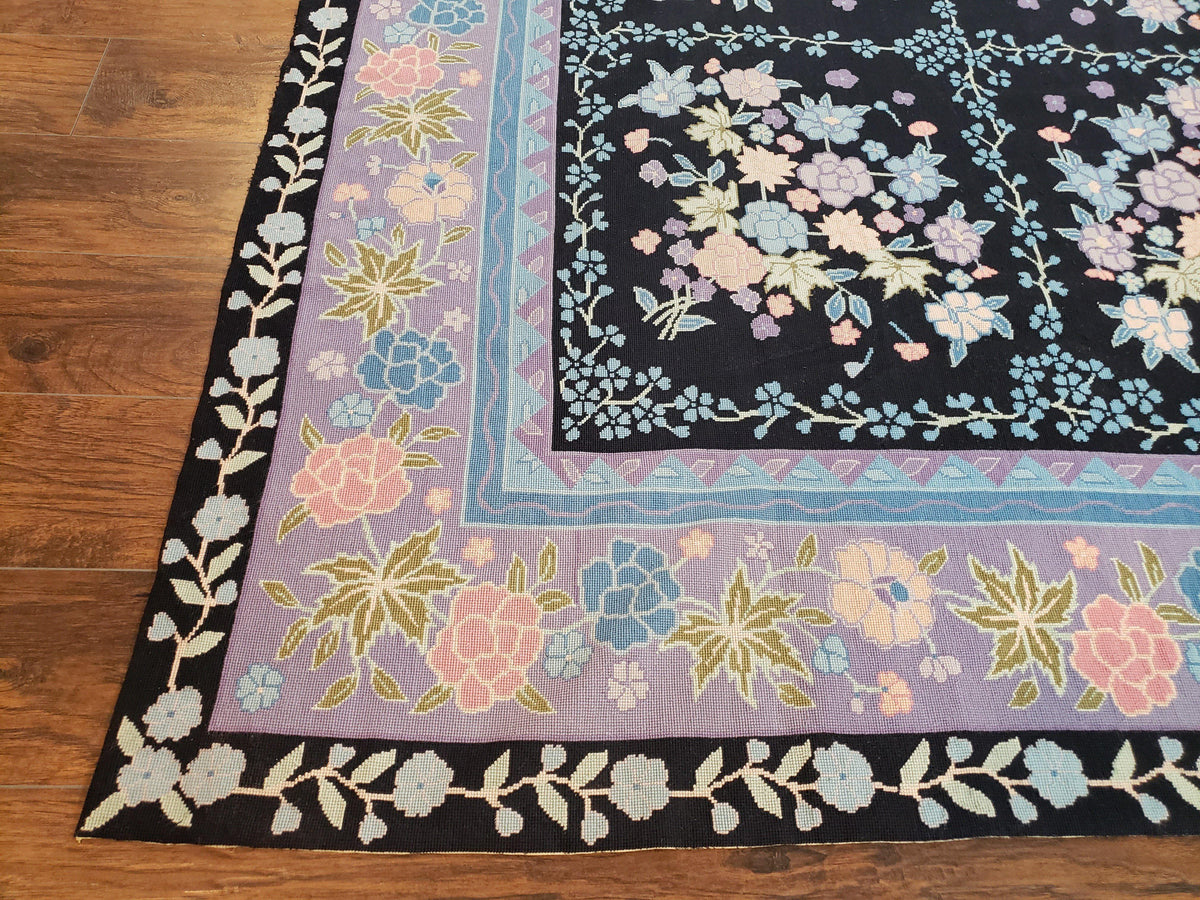 Chinese Needlepoint Rug 8 x 11.4, Hand-Woven Area Carpet, Flatweave Rug, Black Blue Light Violet Floral Garden European Design Wool Aubusson - Jewel Rugs, view 9