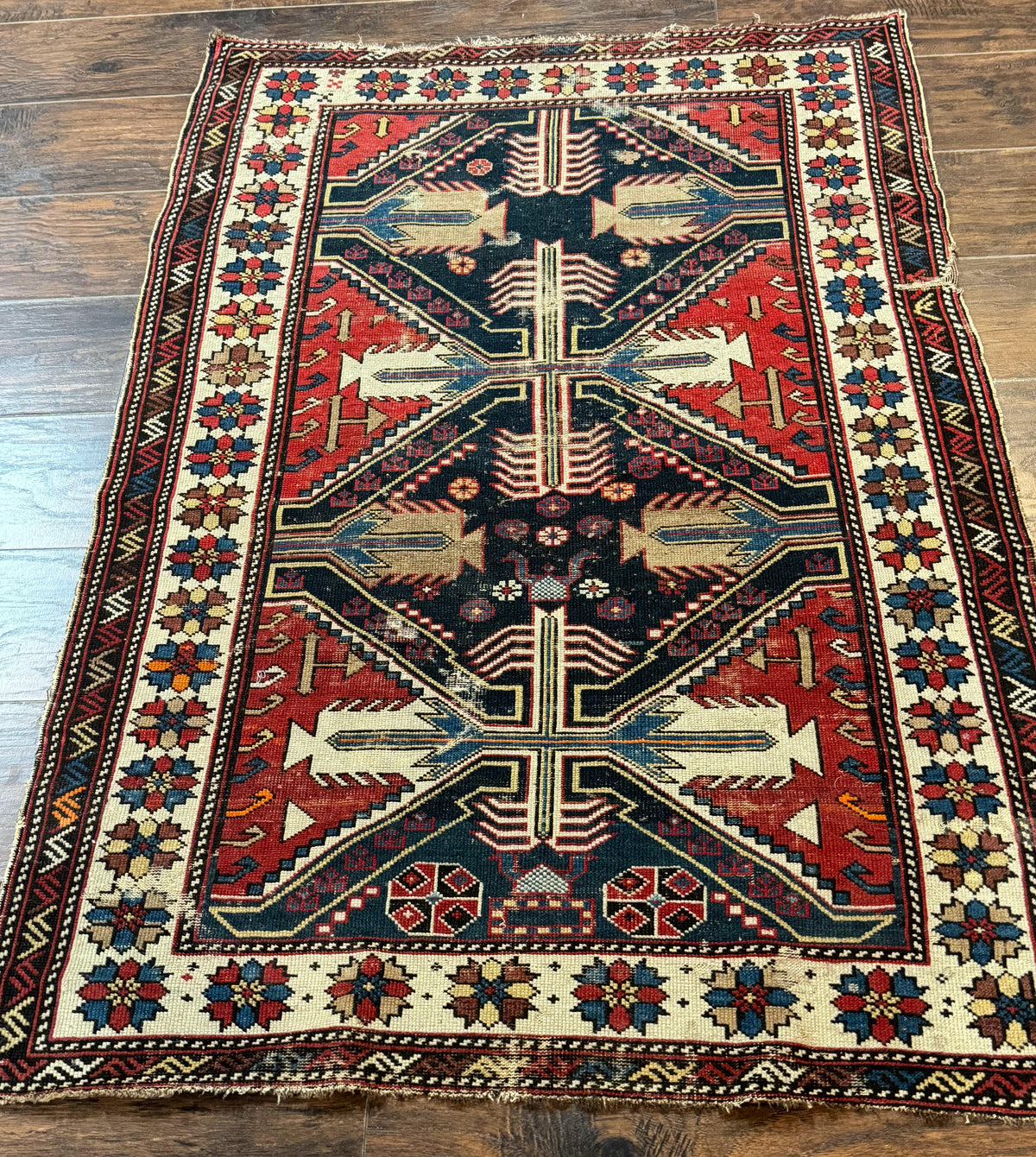 Antique Shirvan Caucasian Rug 3x5, Geometric Pattern, Red Navy Blue Beige - Jewel Rugs, view 13