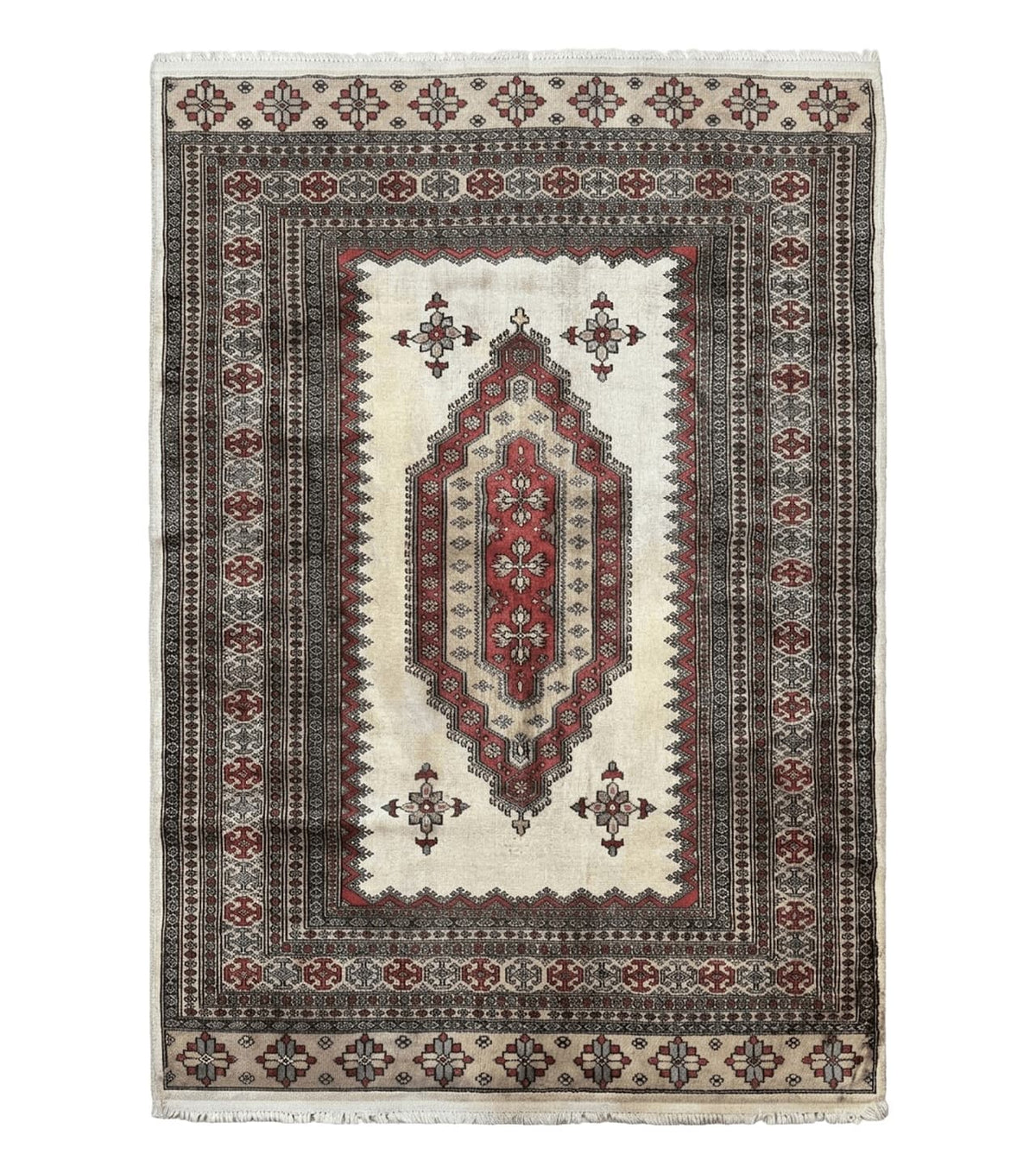Pakistani Turkoman Rug 4x6, Semi Open Field, Ivory, Vintage - Jewel Rugs