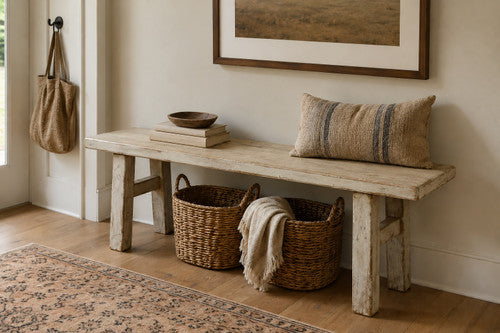 47"L Amalfi old pine wood bench antique off white small image 2