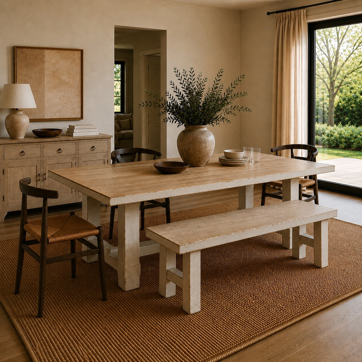Amalfi Two Tones 7' Long Dining Table Antique off-white
