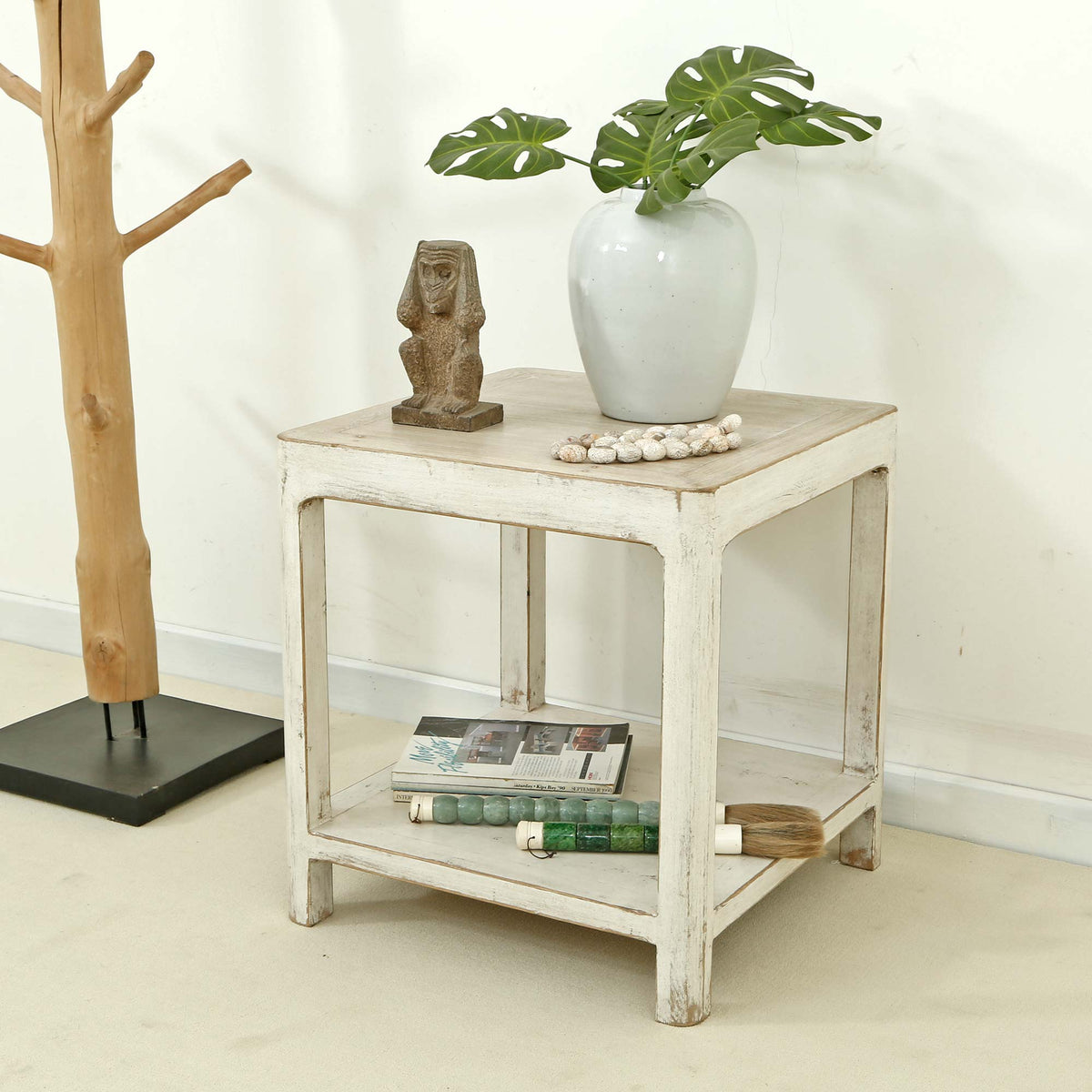 22x22 Peking Ming side table with round leg Antique off white large