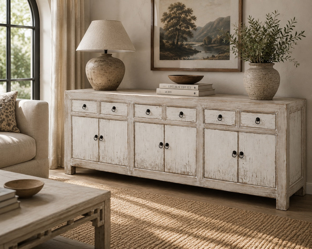 91" Amalfi Two Tones Buffet 6 Draw 6 Dr, Antique Off white