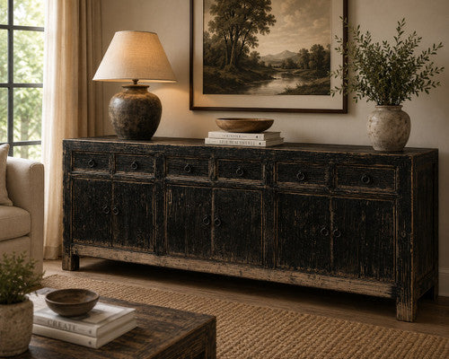 Approx. 91" Sideboard with Six Drawers Distressed Black image 2
